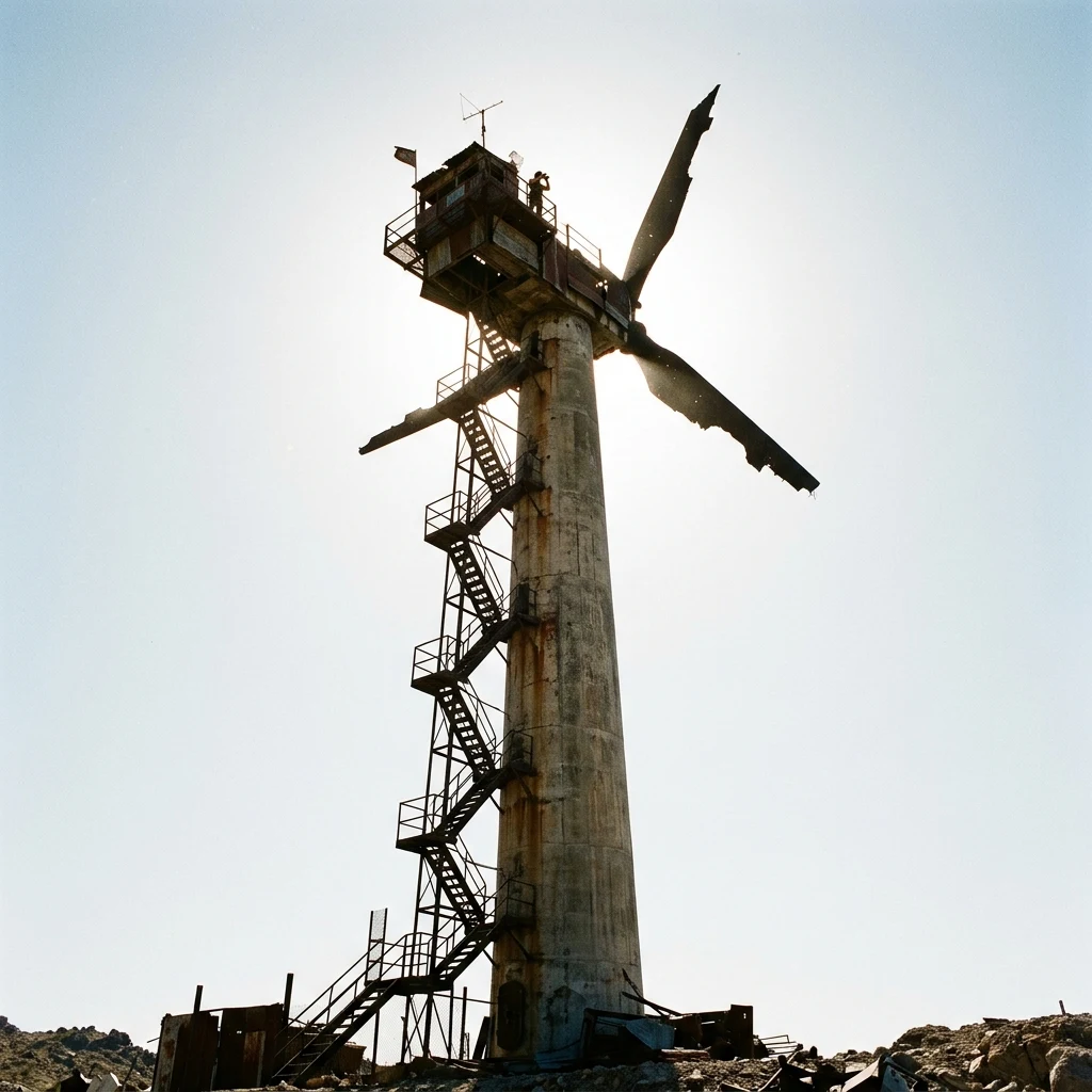 Abandoned wind turbine against a bright sky