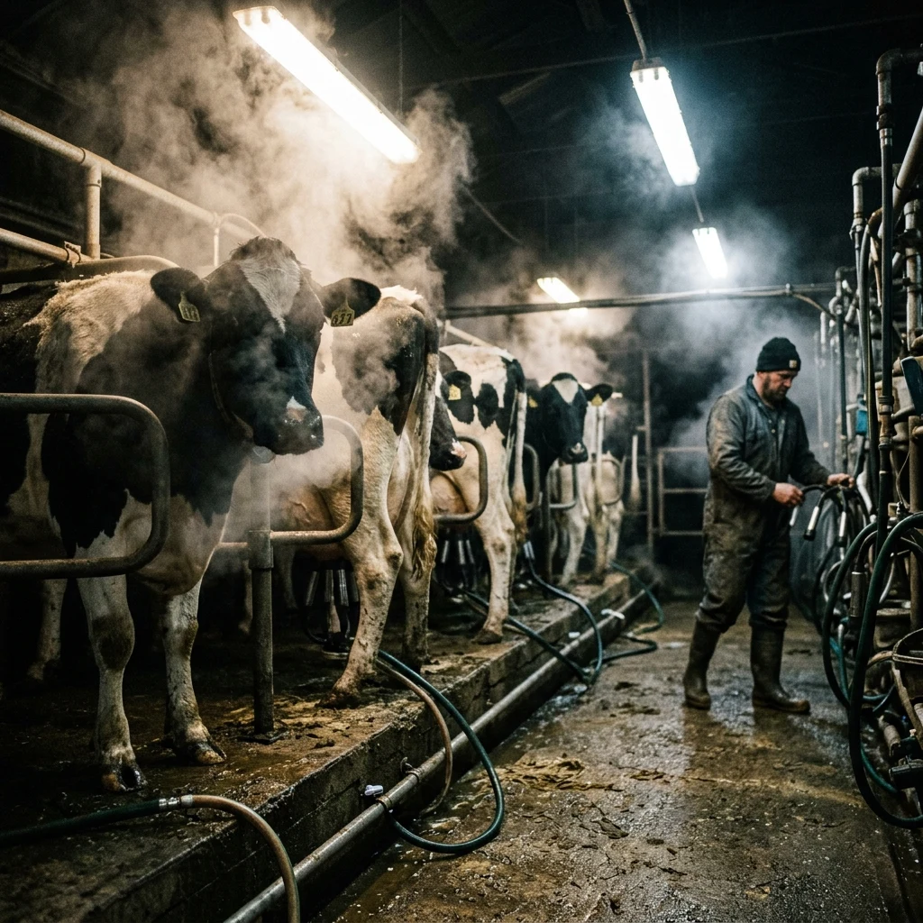 A dairy parlor at the 4 a.m. milking