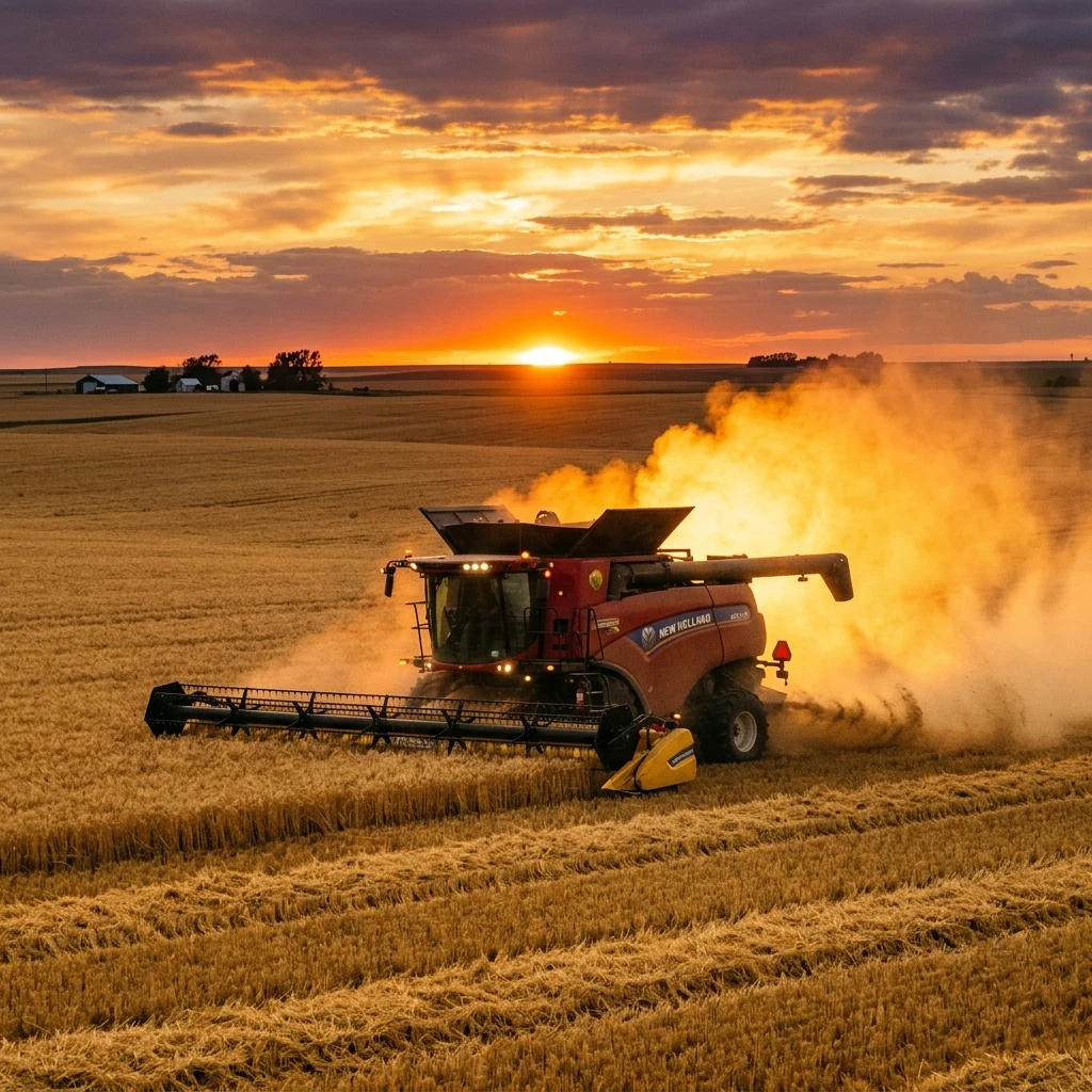 A combine harvester working an endless Kansas wheat field at dusk