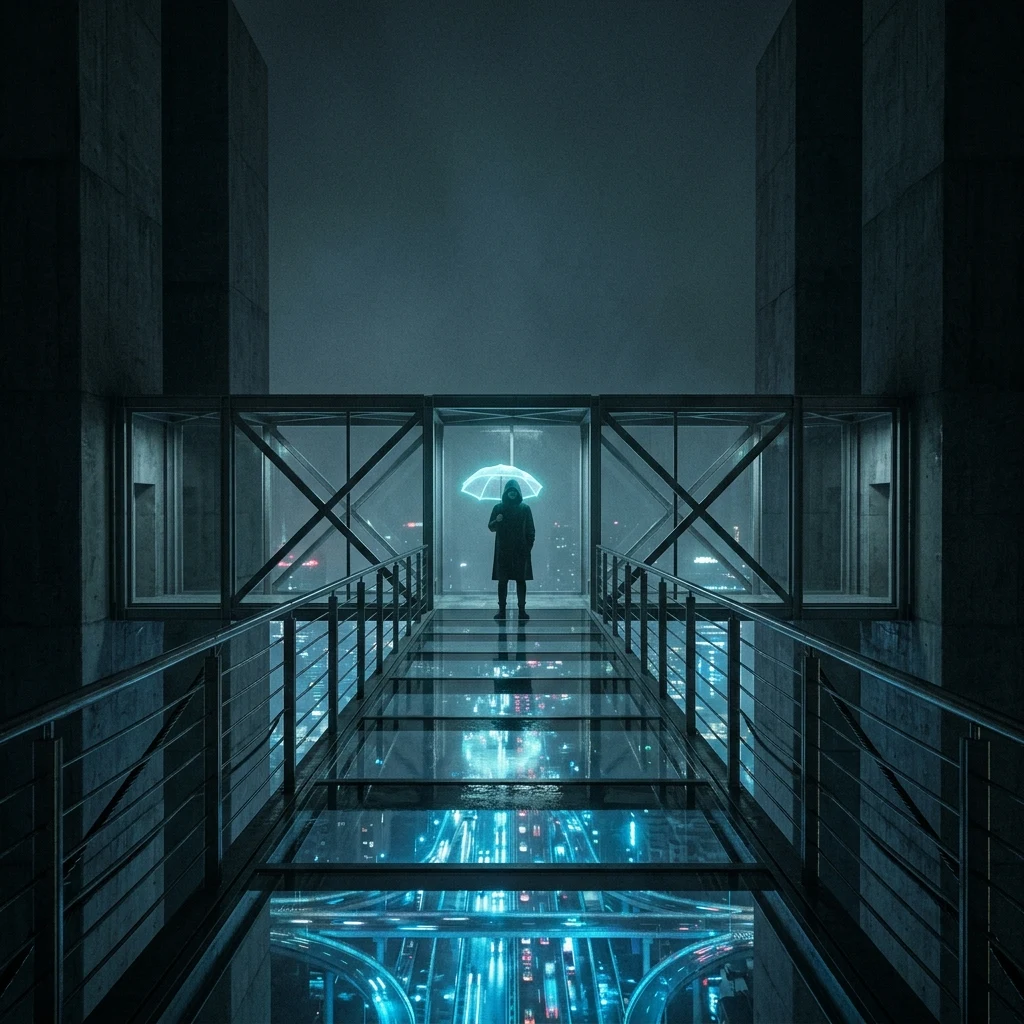 Person standing on a glowing city skybridge