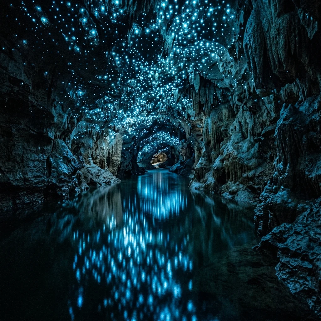 Bioluminescent glowworms in a dark cavern