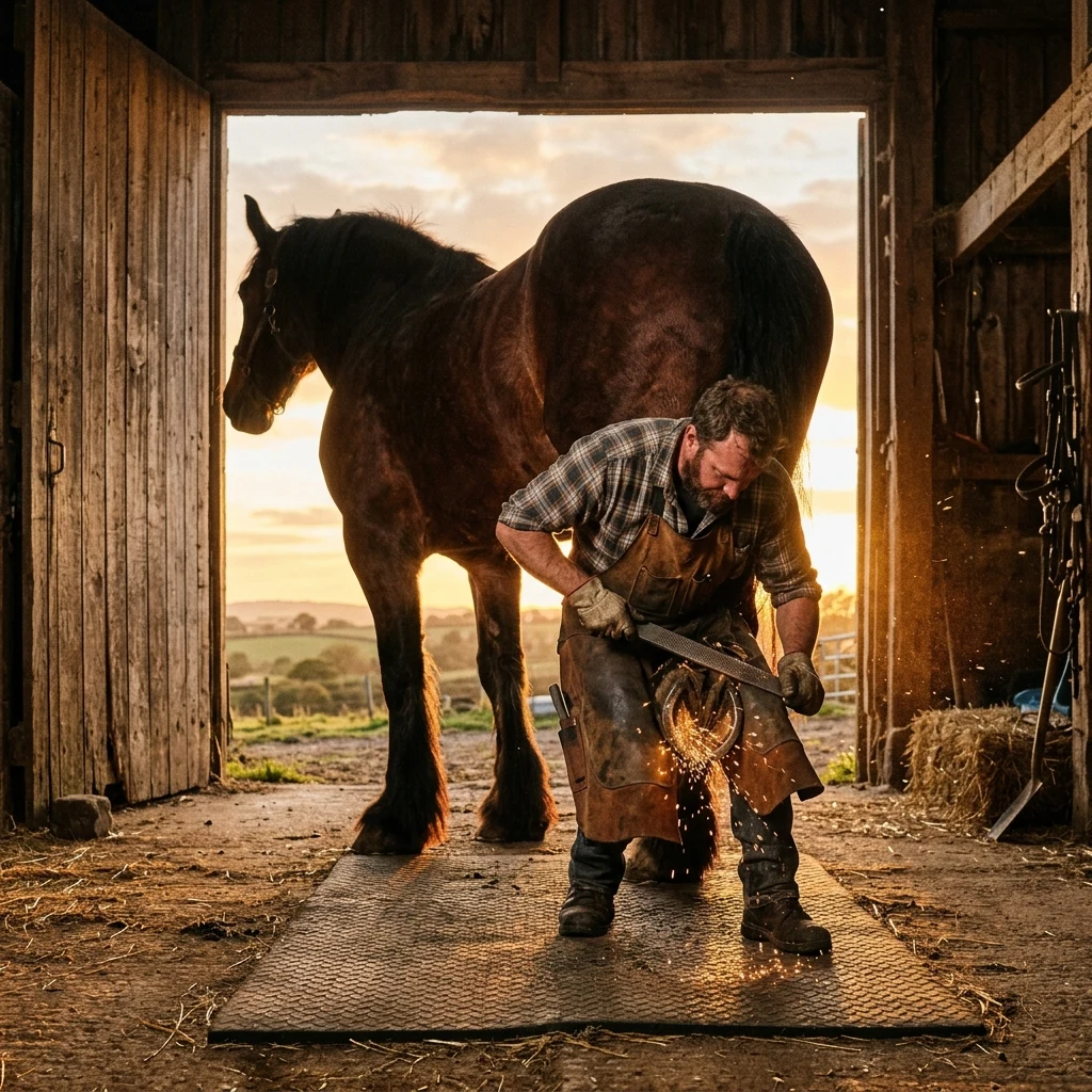 A farrier shoeing a draft horse in an open barn doorway