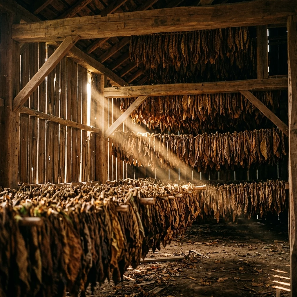 A tobacco barn interior with leaves hung in tiers to the roof