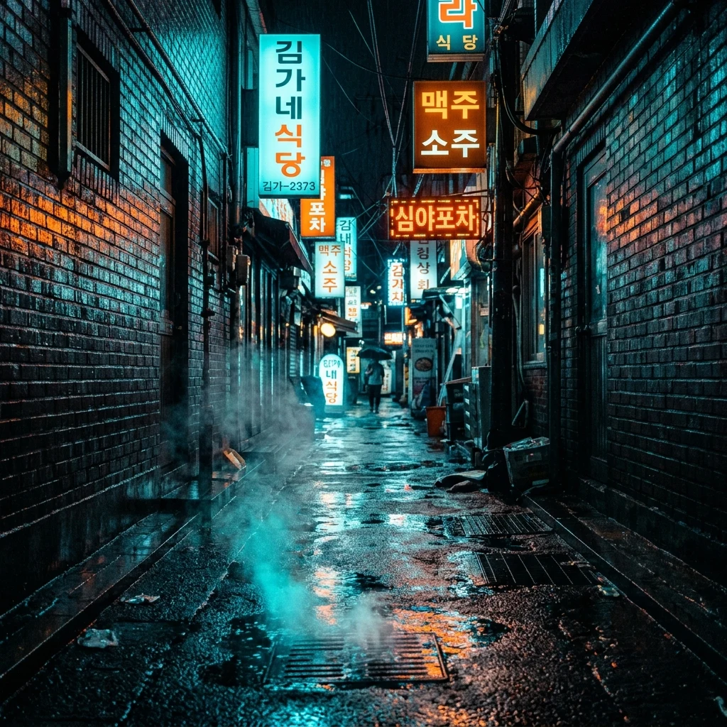 A narrow alleyway in Seoul after a midnight downpour