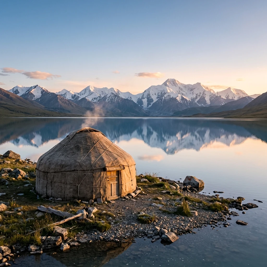 Traditional yurt by a calm mountain lake