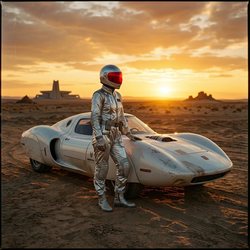 A retro-futuristic 1970s silver foil jumpsuit with ribbed knee pads and a red acrylic…