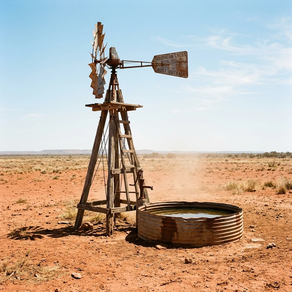 A lone wooden windmill pump standing over a cattle watering tank in the Australian Outback