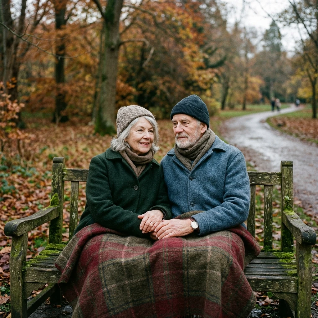 An elderly brother and sister in their seventies sitting side by side on a green park…