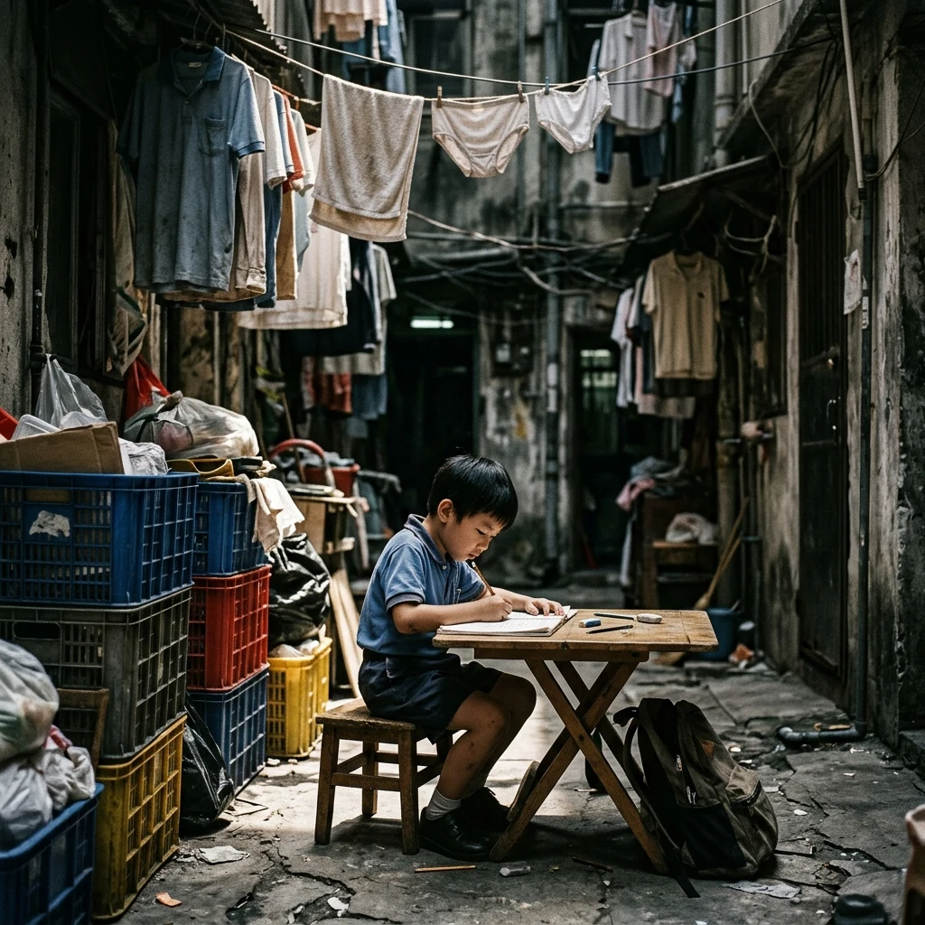 Child studying in a small urban courtyard