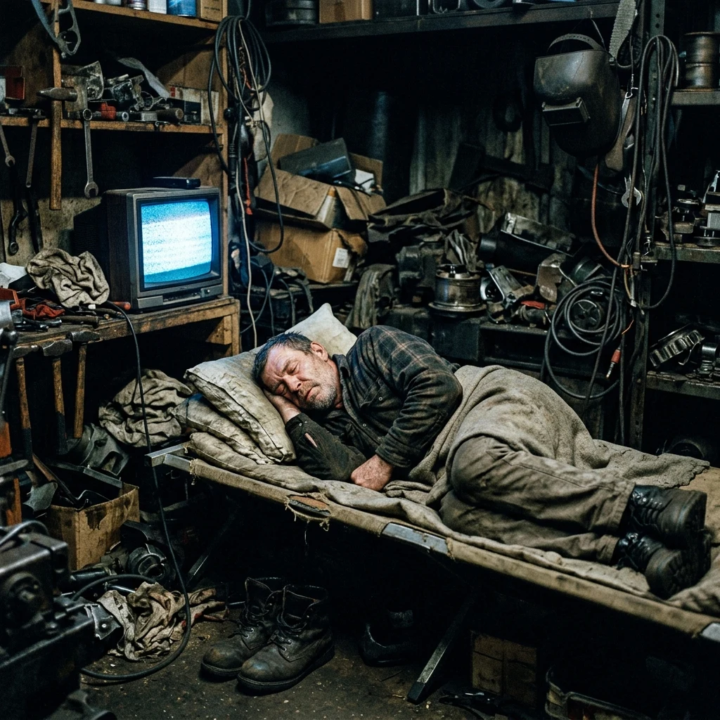 Laborer resting in a cluttered workshop