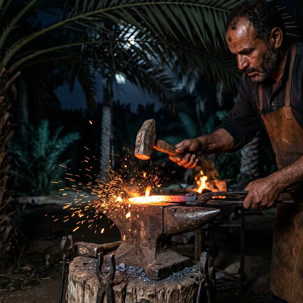 A makeshift blacksmith forge set up beneath an oasis date palm