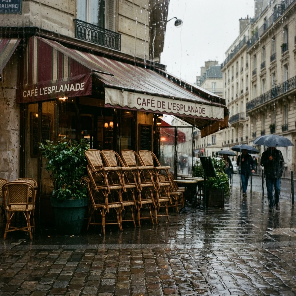 A Parisian café terrace in autumn rain