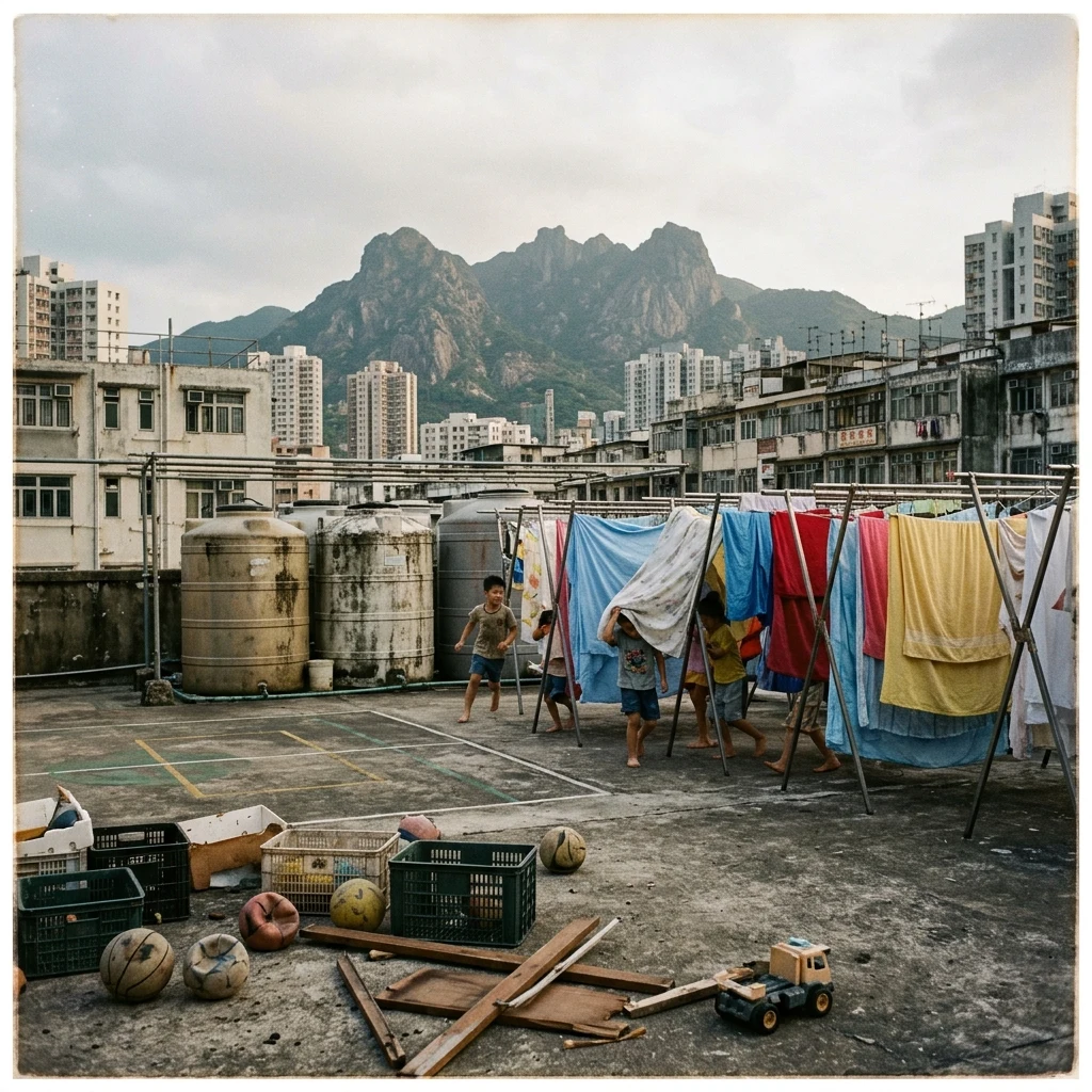 A rooftop playground area where children play games among drying clothes and water…