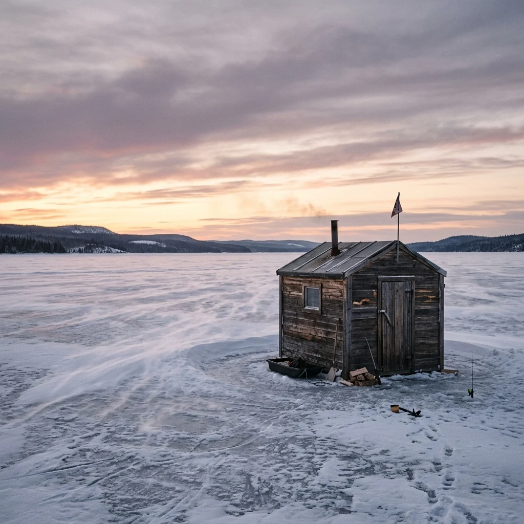 An ice fishing shanty on a frozen lake at dawn