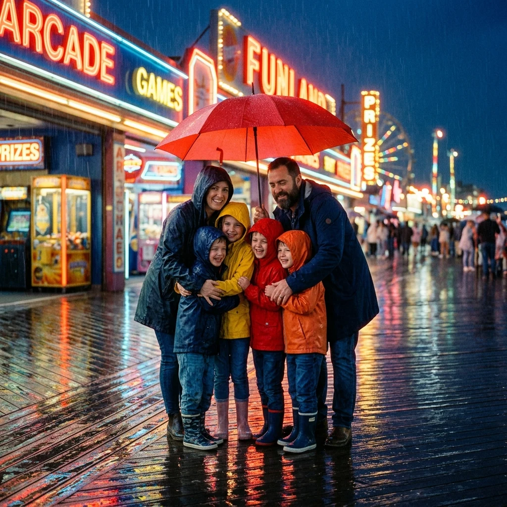 A family of five huddled under a large umbrella in a sudden summer downpour on a boardwalk