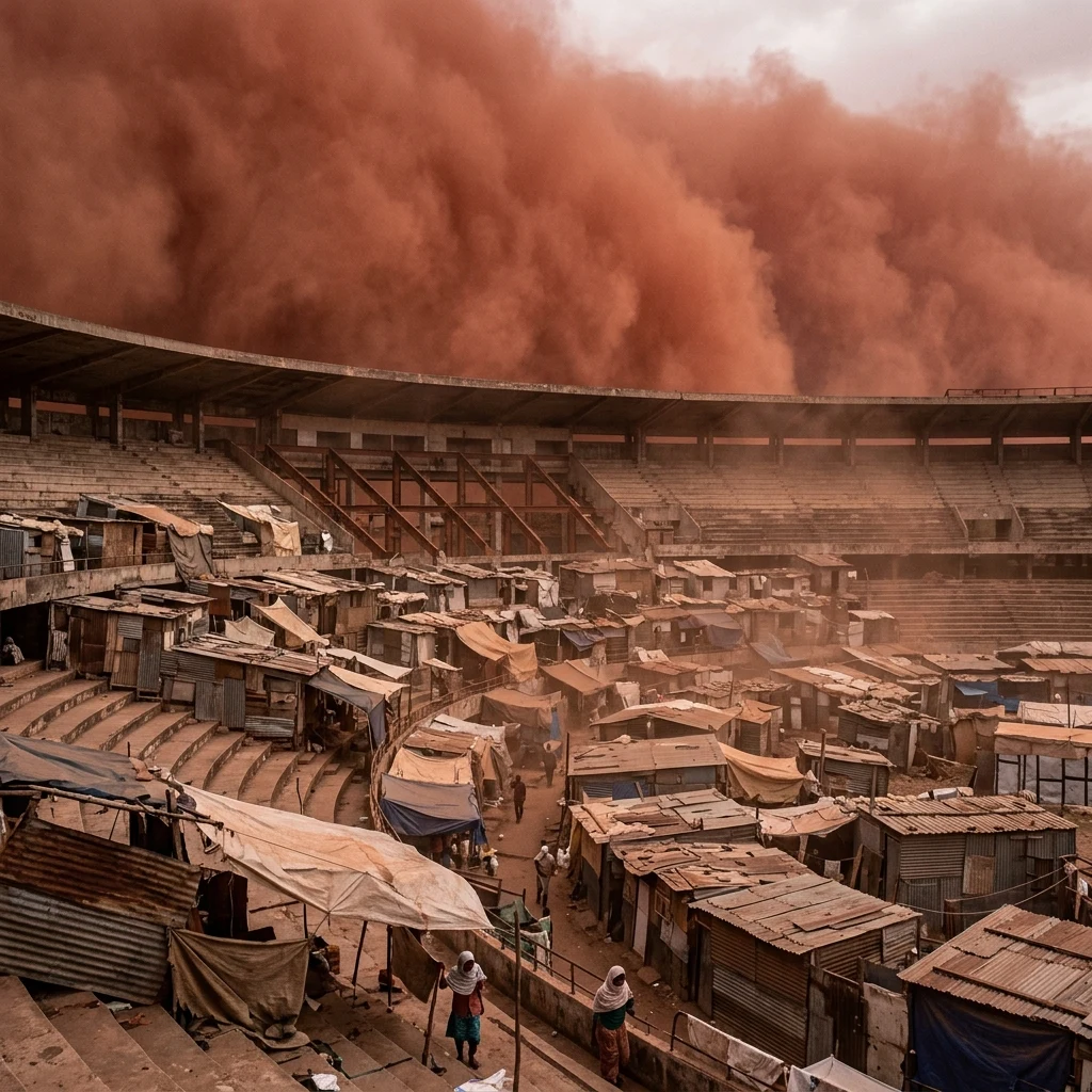 A wall of dark red dust engulfing a post-apocalyptic shanty town built inside a…