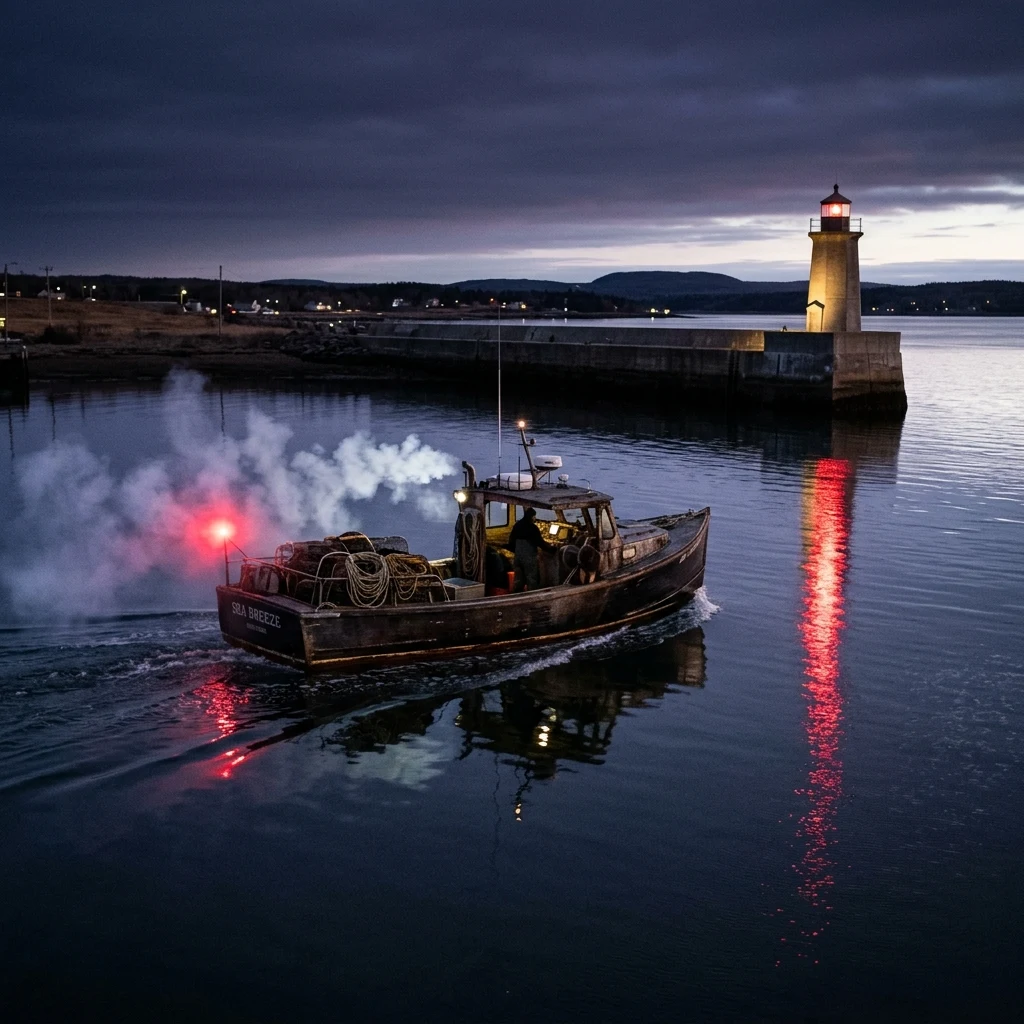 A pre-dawn harbor scene as a wooden lobster boat chugs past a breakwater lighthouse