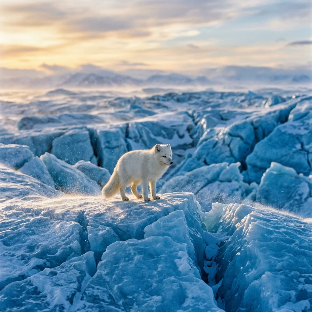 Arctic fox standing on blue glacial ice