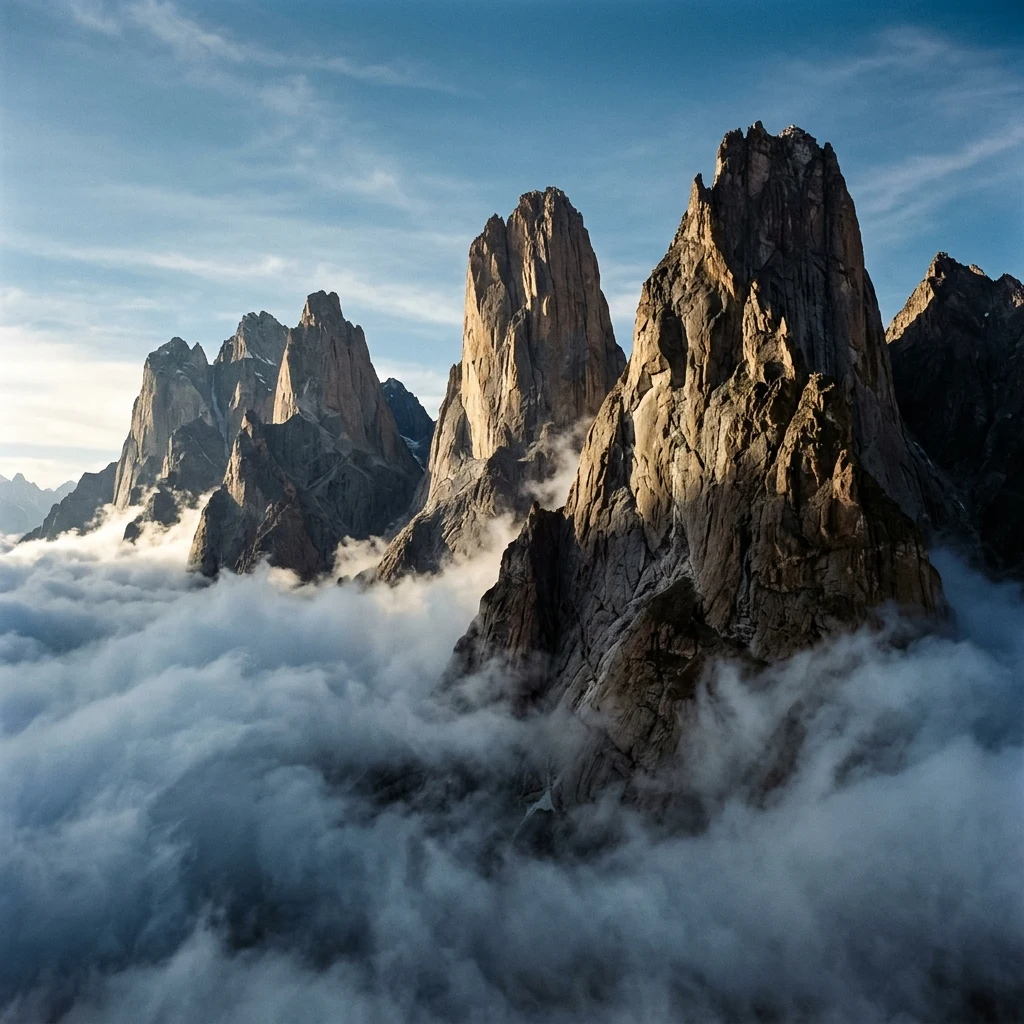 National Geographic style epic landscape shot of the sheer granite spires of the Trango…