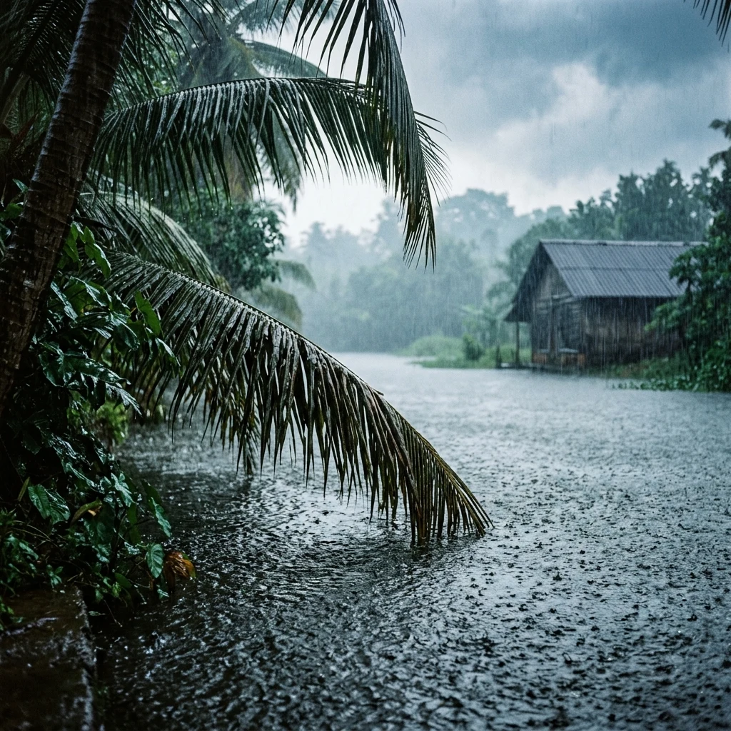 Heavy rain in a tropical landscape