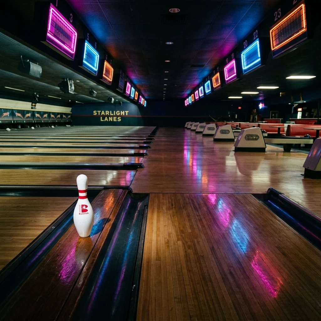 An empty retro bowling alley at closing time