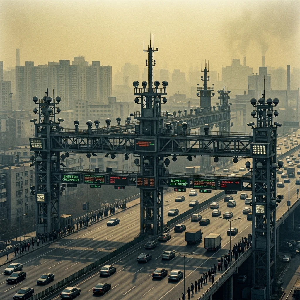 A biometric checkpoint gantry over an eight-lane arterial road