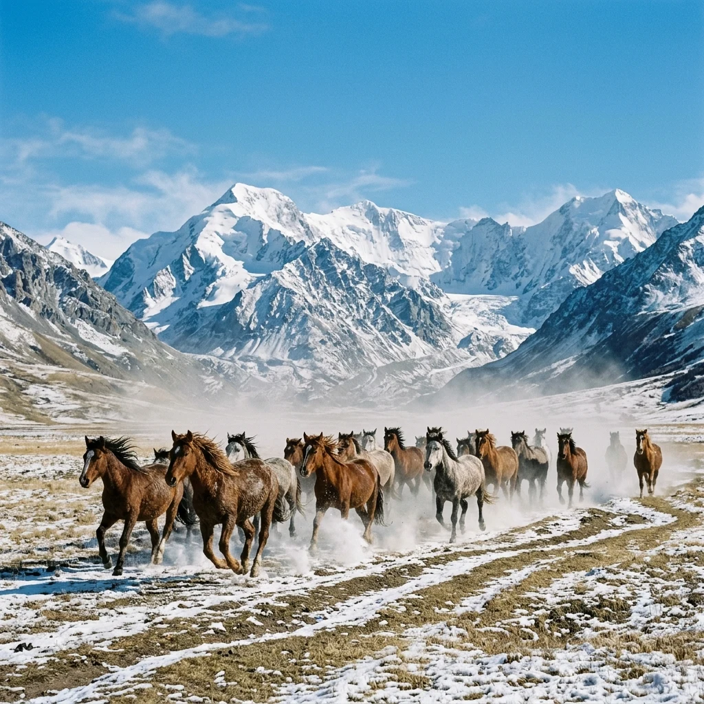 A herd of wild horses galloping through an alpine valley in the Tian Shan