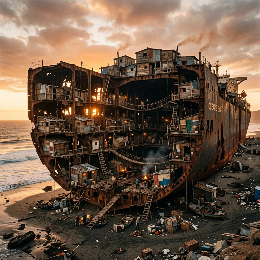 A sprawling coastal shanty town built inside the skeletal hull of a stranded container…