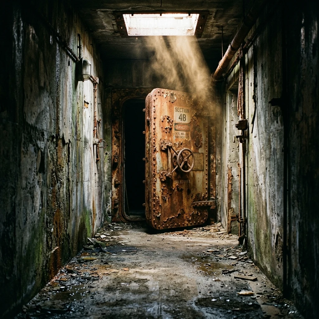 A heavy steel blast door standing half-open at the end of a long damp concrete bunker…