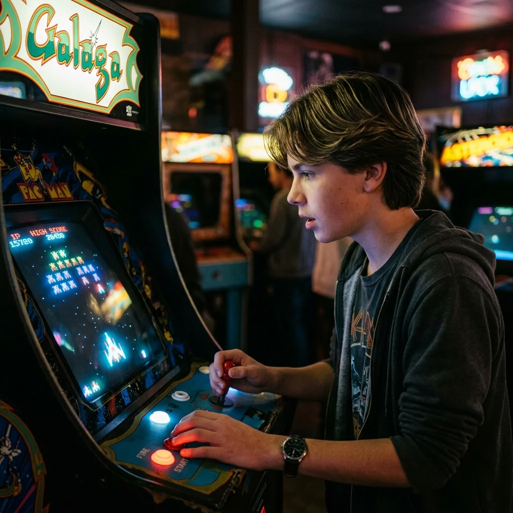 A teenage boy with a feather-layered haircut playing a brightly lit Galaga machine