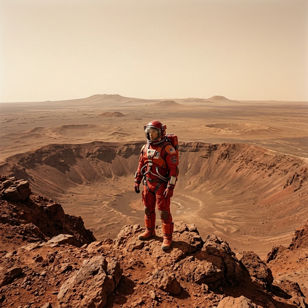 A Martian explorer in a bulky red spacesuit standing on the rim of a crater in Elysium…
