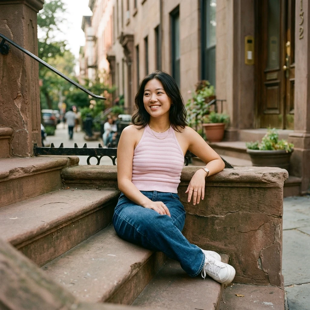 Relaxed afternoon on city brownstone steps