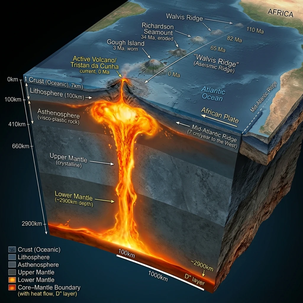 A cutaway Earth diagram showing the Tristan da Cunha mantle plume forming the Walvis…