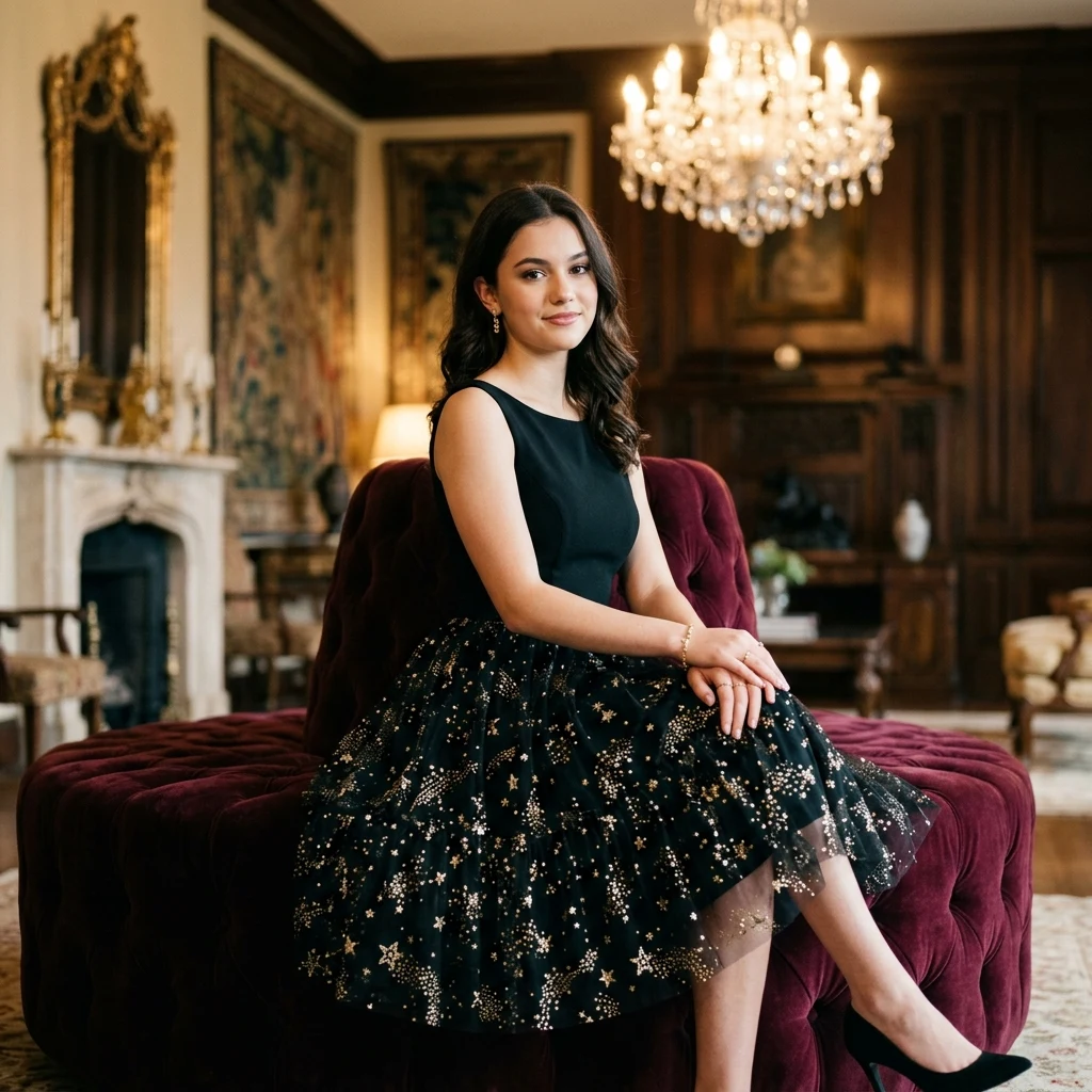 Luxurious evening style under a crystal chandelier