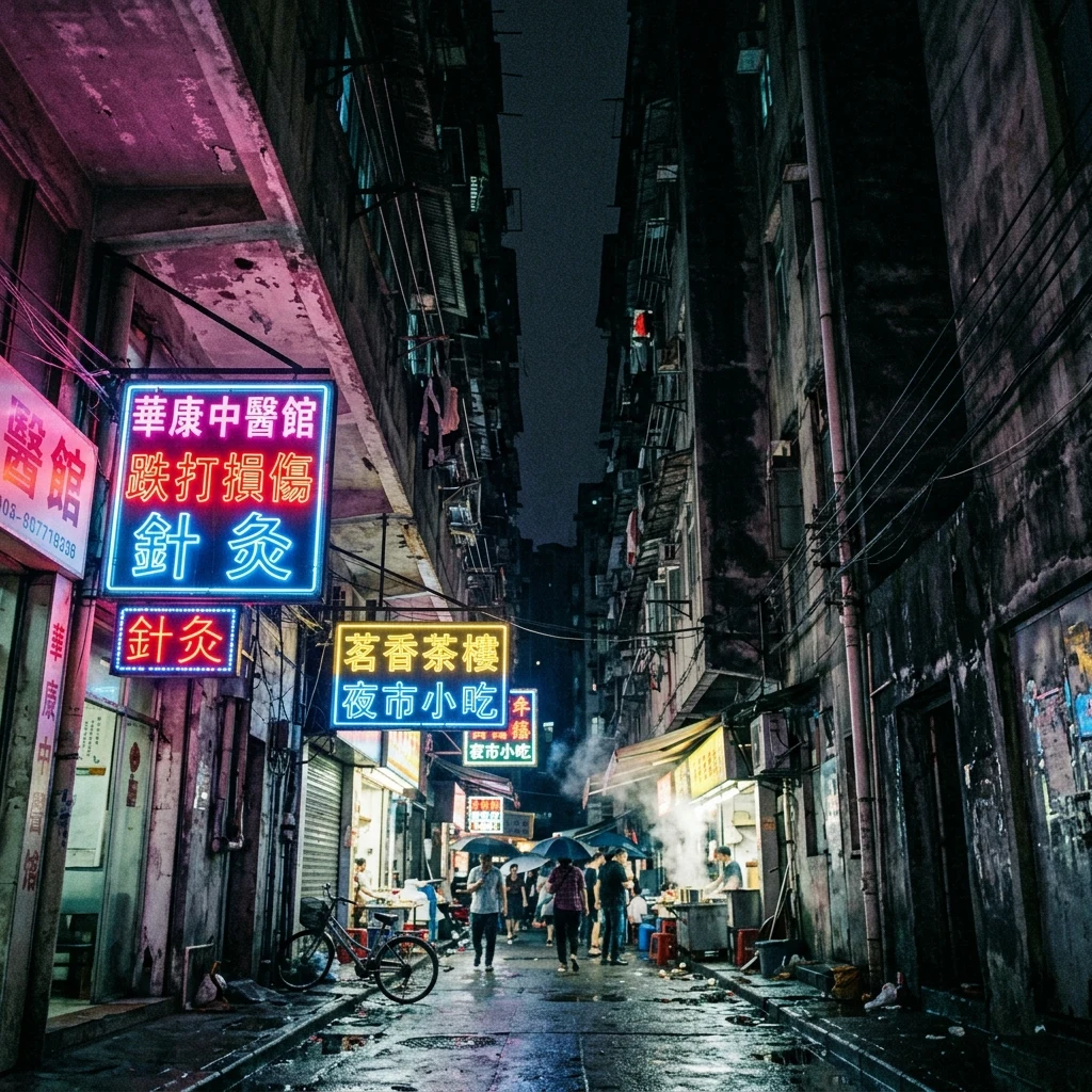 A night shot of a narrow exterior alleyway along the perimeter of Kowloon Walled City