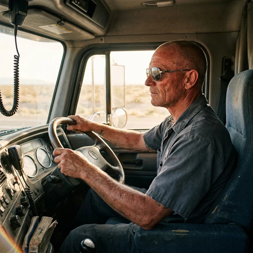A convoy driver with a shaved head and scratched aviators