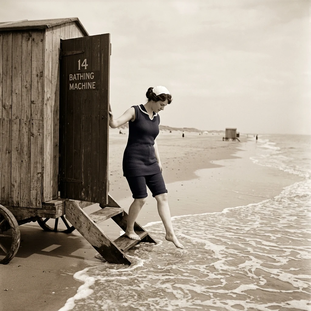 A 1910s woman in a fitted knit wool sleeveless tunic and knee-length shorts