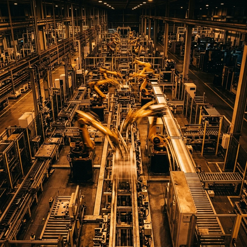 A fully automated factory floor with no humans present