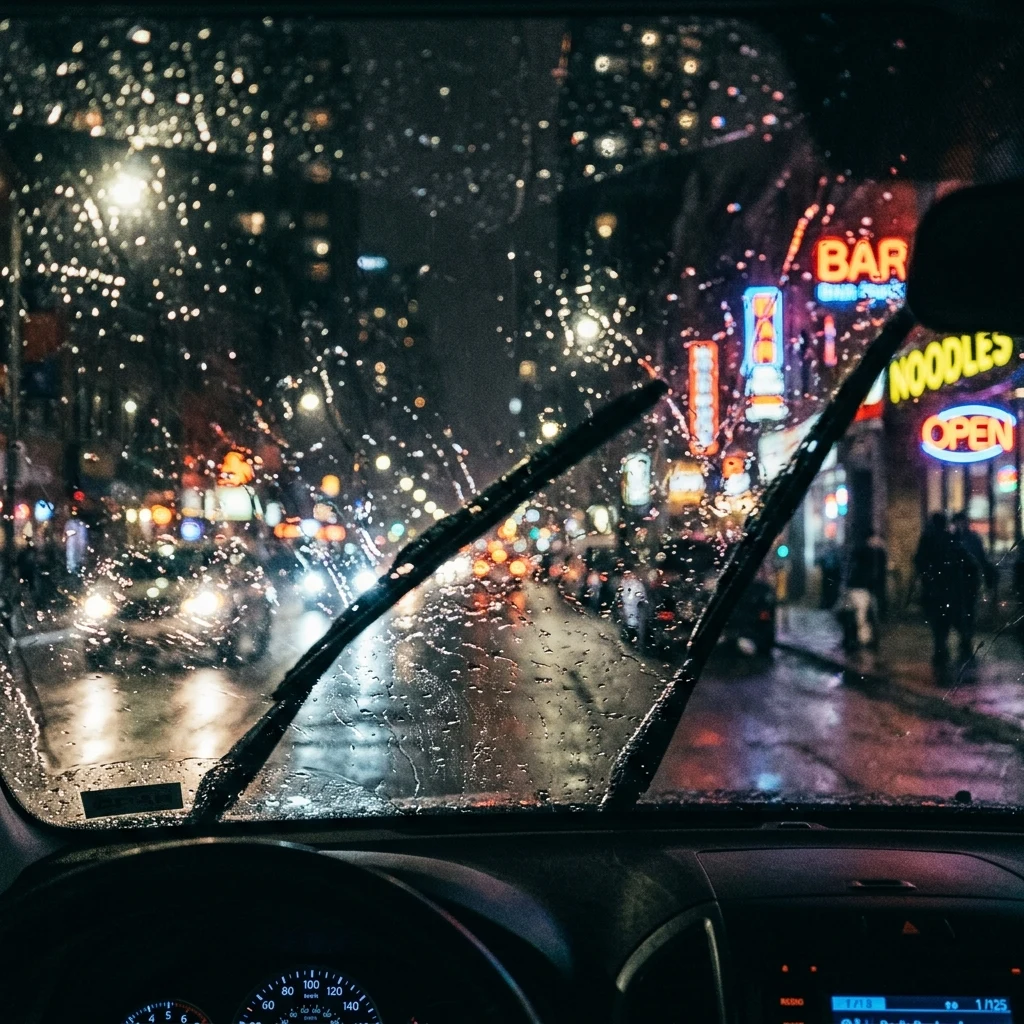 City lights through a rainy windshield