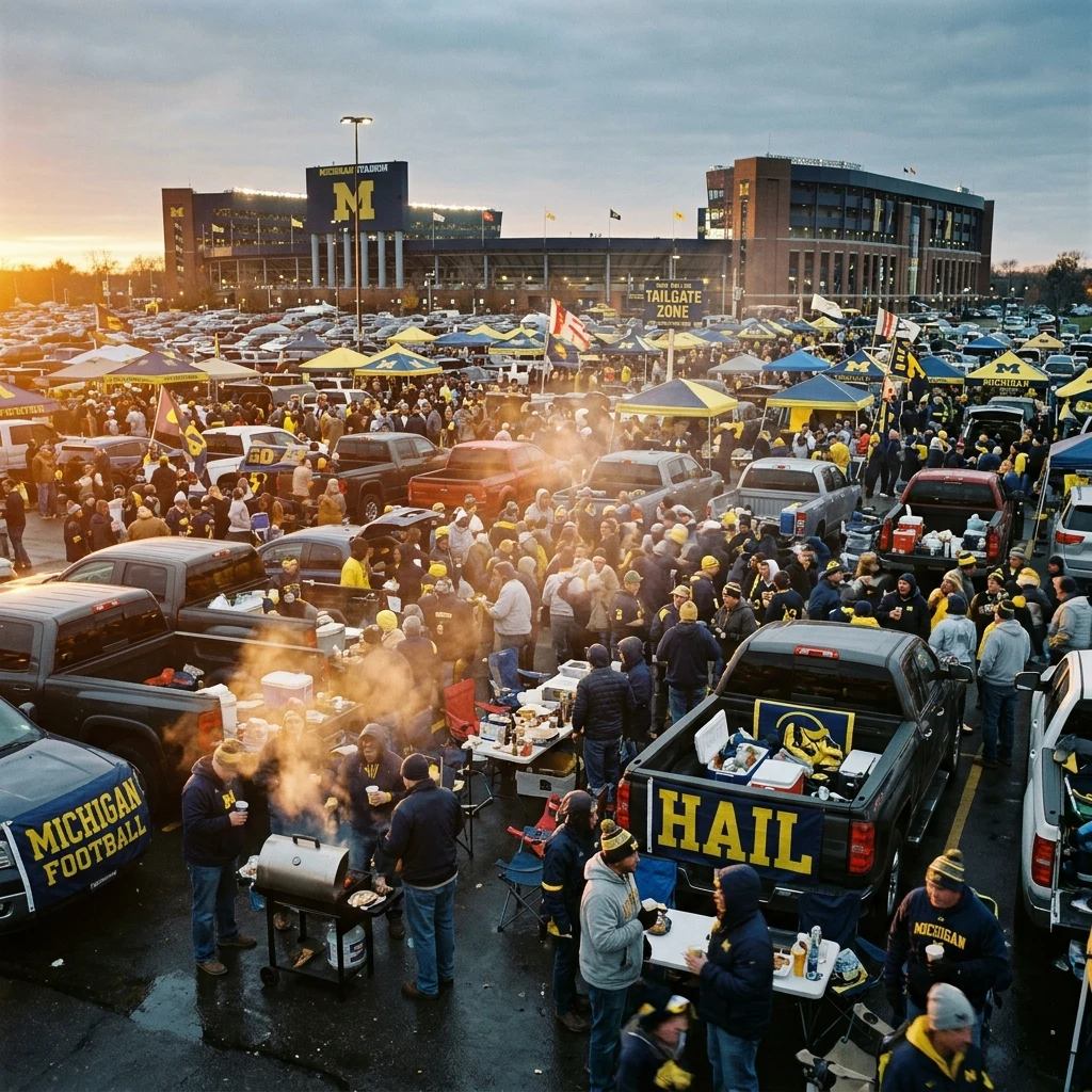 A tailgate in a stadium parking lot in November