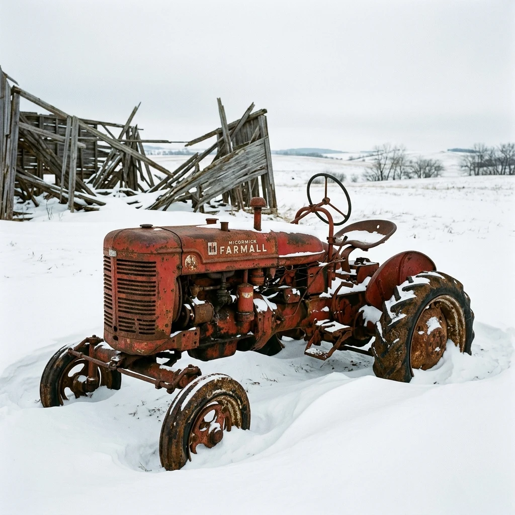 A rusty, forgotten tractor half-buried in a snow drift outside a collapsed barn, peeling…