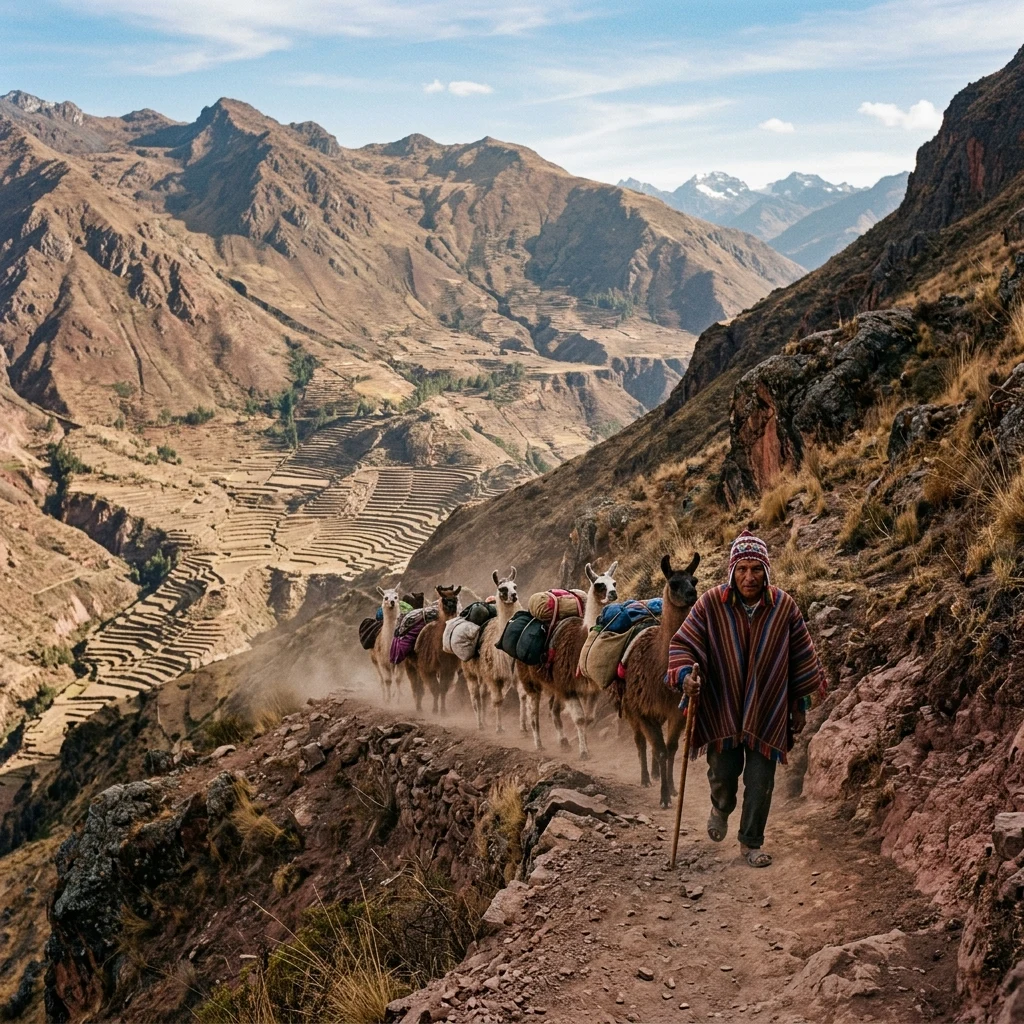 A Quechua farmer guiding a llama pack train down a steep