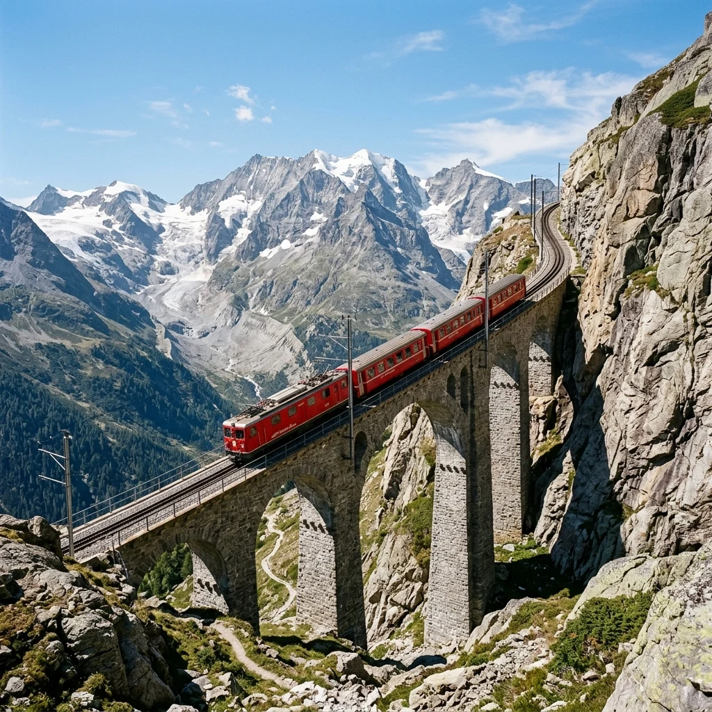 A red mountain cogwheel train climbing a steep viaduct in the Swiss Alps