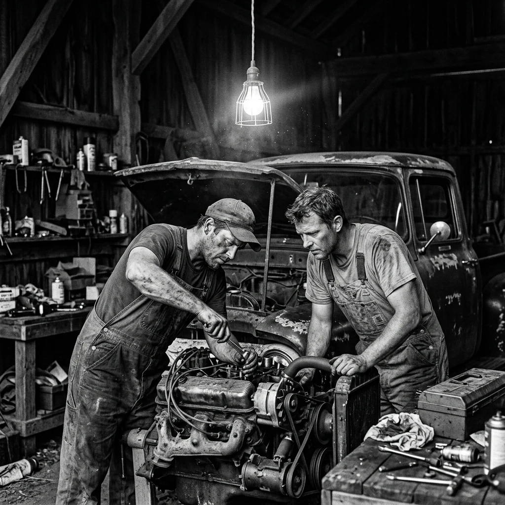 Working on a vintage truck