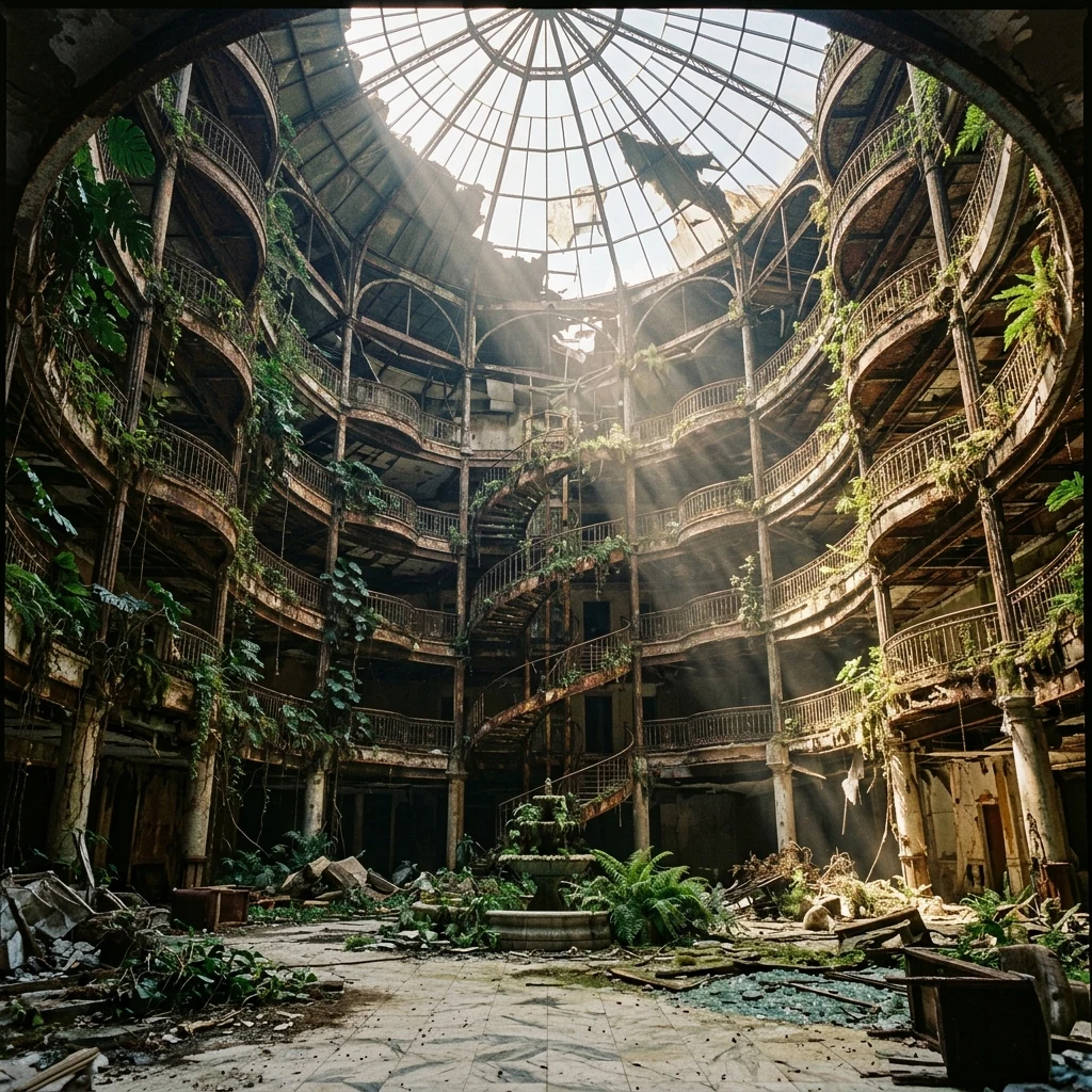 An abandoned luxury hotel atrium with a collapsed glass ceiling