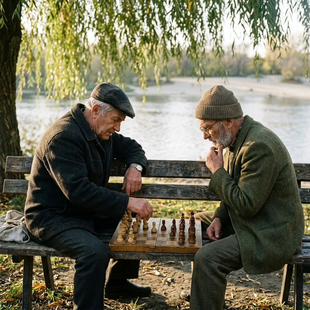 An elderly man playing chess with a friend on a park bench beside the river beach in…