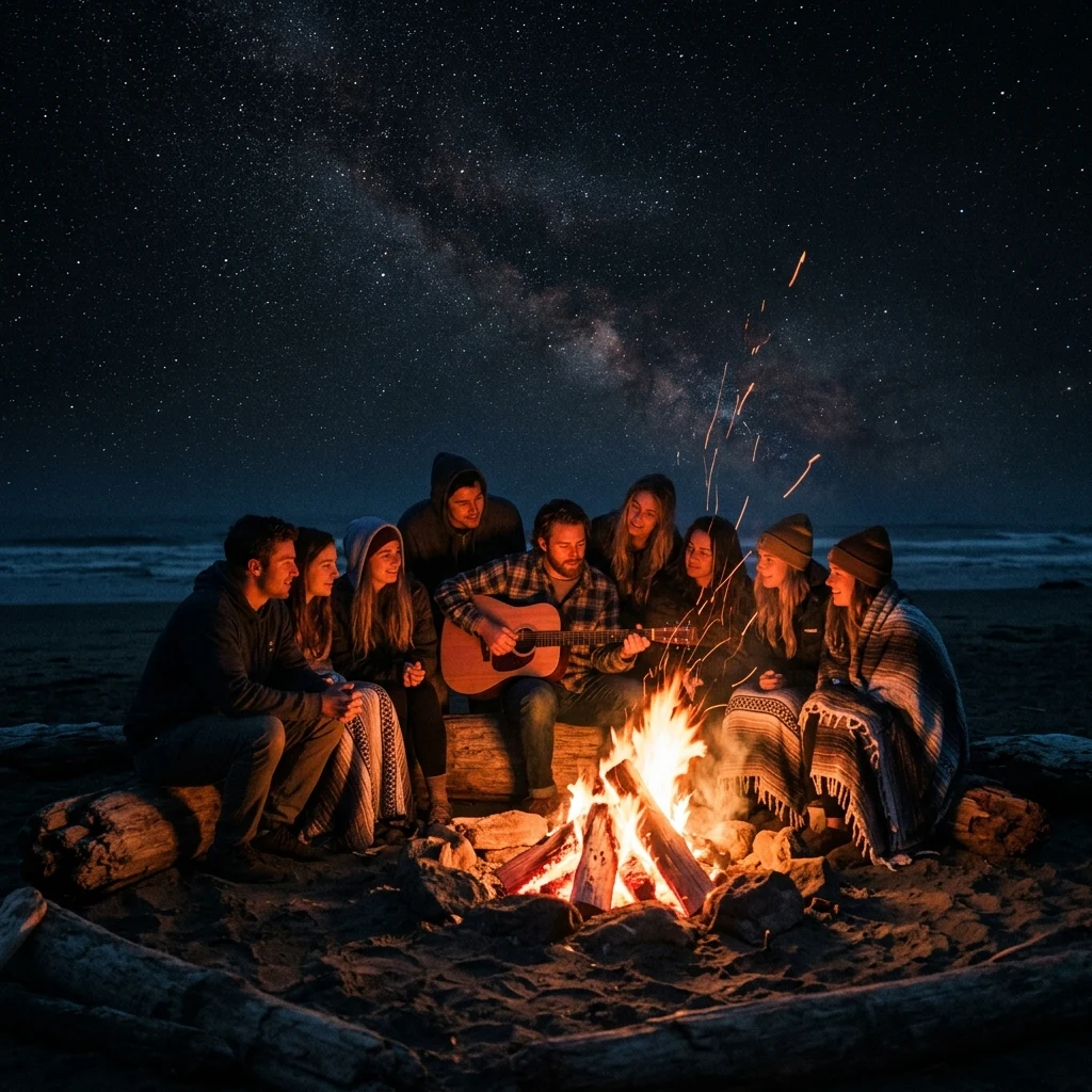 Friends gathered around a beach bonfire