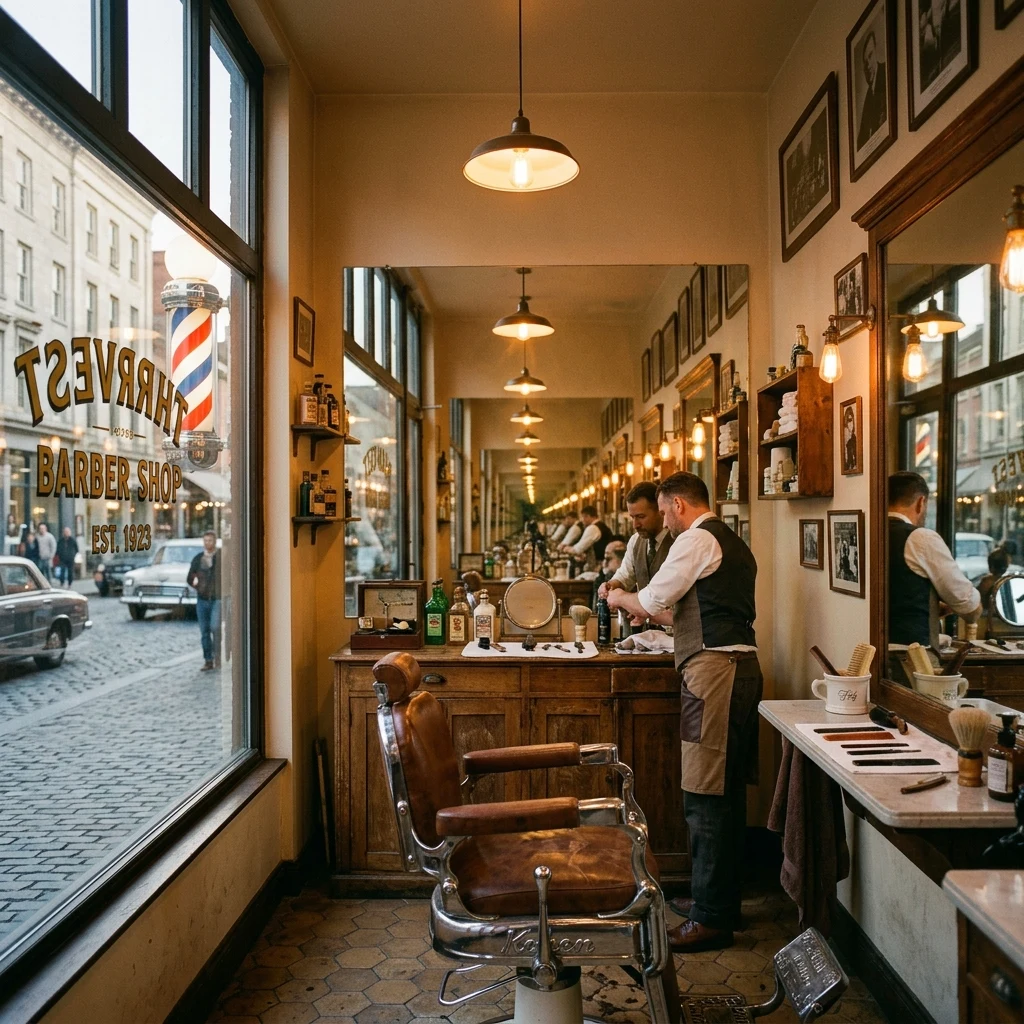 A vintage barbershop interior shot on Portra 800