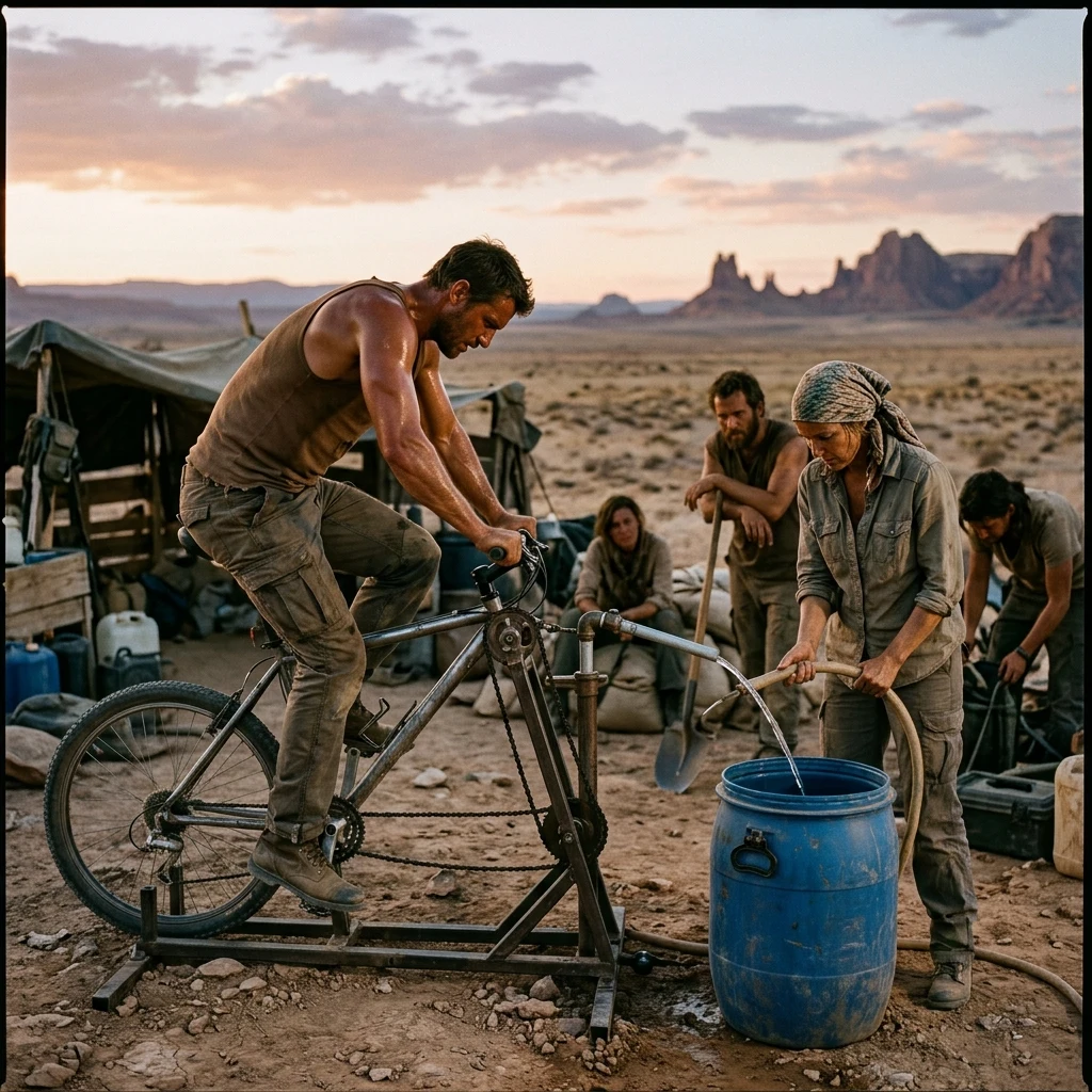 People pumping water in the desert at sunset