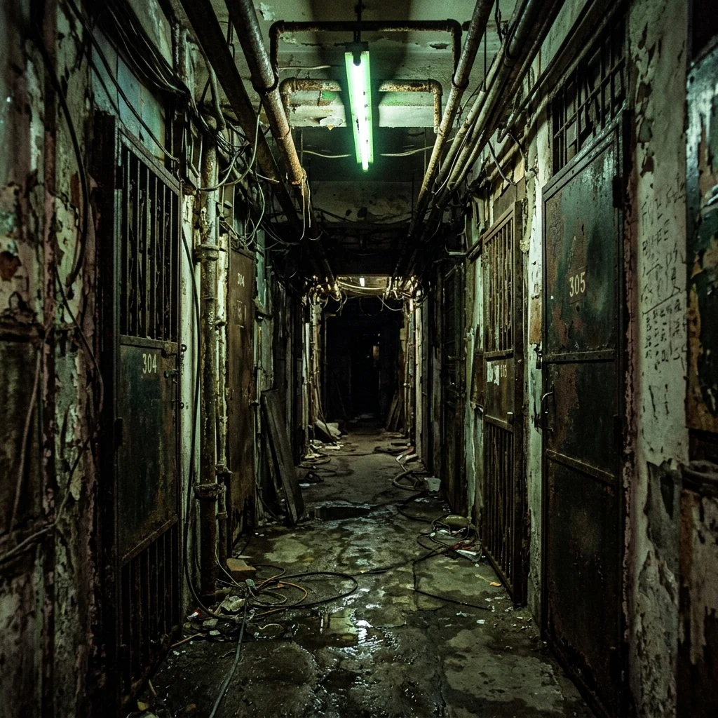 A narrow corridor inside Kowloon Walled City at midnight